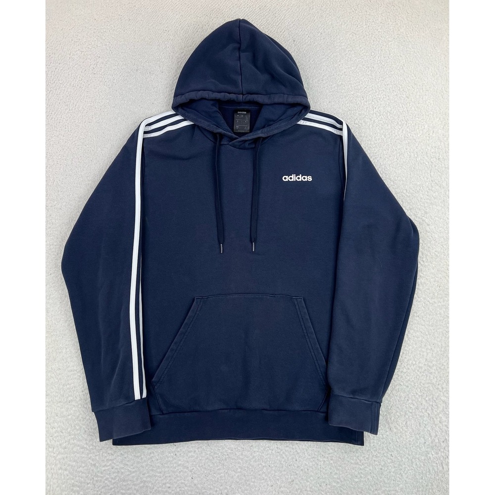 Adidas Hoodie Mens Large Blue Logo 3 Stripe Fleece Pullover Sweatshirt
